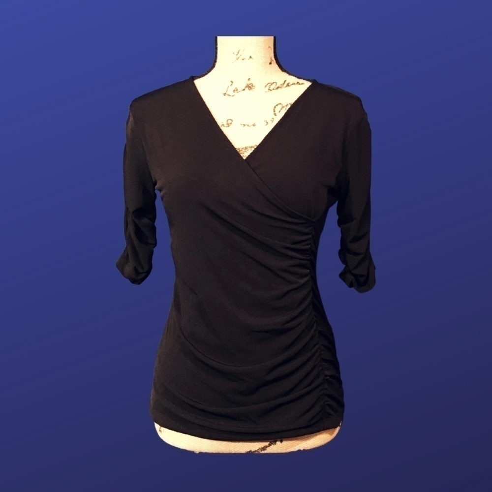 STYLE & CO. PETITE Surplice Wrap Top, Ruched Sides, BLACK, Women’s Size M, NWOT